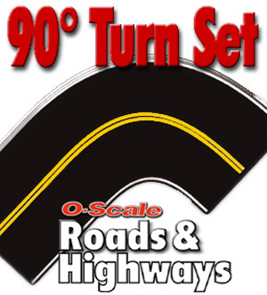 O-SCALE BLACK ASPHALT 90-DEGREE CURVE-YELLOW CENTERLINE/2 PCS.