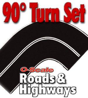 O-SCALE BLACK ASPHALT 90-DEGREE CURVE-WHITE CENTERLINE/2PCS.