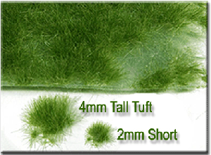 2mm loose medium green static grass, tufts, pathways, weeds